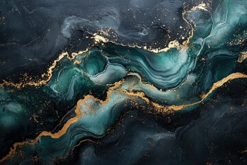 Aufkleber - Abstract art showcasing teal and black swirls with gold accents, resembling a cosmic landscape or deep ocean.