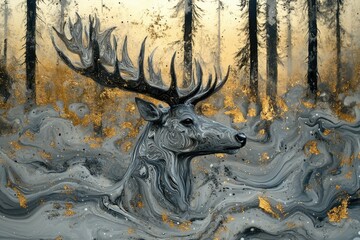 Poster - Majestic stag emerges from swirling grey and gold forest, a mesmerizing blend of nature and abstract art.