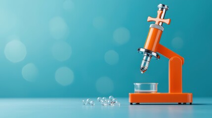 Poster - orange microscope on table with beads and blurred background