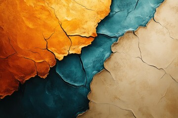 Aufkleber - Abstract art featuring cracked textures in shades of orange, teal, and beige.