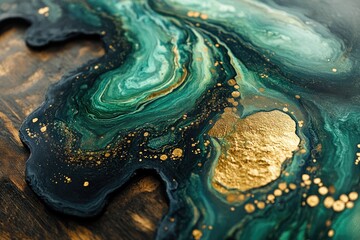 Aufkleber - Abstract art showcasing swirling emerald and teal resin with gold accents on a dark wood background.