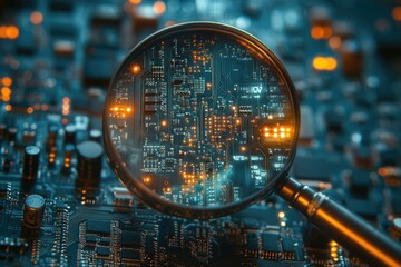 Poster - A magnifying glass reveals the intricate details of a circuit board, showcasing the complexity of modern technology.