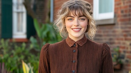 smiling young woman in vintage attire poses outdoors near a charming brick house with greenery