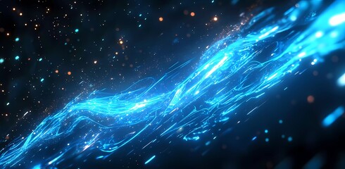 Poster - Abstract digital background with blue neon glow waves on black, holographic glitch effect, and glowing lines in motion.