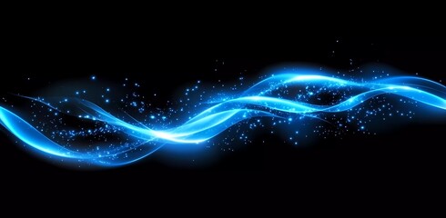 Poster - Abstract digital background with blue neon glow waves on black, holographic glitch effect, and glowing lines in motion.