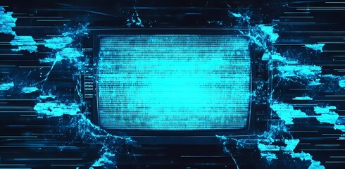 Poster - digital glitch abstract background with blue neon light and holographic texture. Digital TV noise, video distortion, or broken television screen
