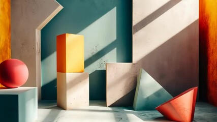 Poster - Exploring vibrant shapes and shadows in a modern artistic space with striking geometric forms and warm light. Generative AI