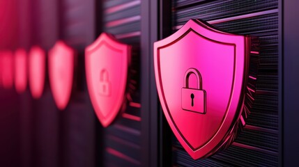 Poster - Digital Security Concept with Shield Symbols on Server Racks