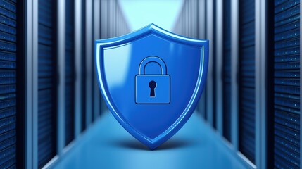Poster - Blue Shield Symbol with Lock in Data Center Background