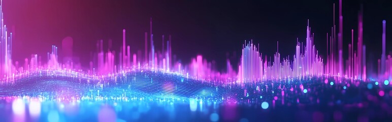 Poster - Vibrant neon sound waves on a dark background, a glowing equalizer line with blue and purple colors for a music festival or concert poster design. 
