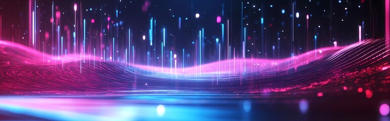Poster - Vibrant neon sound waves on a dark background, a glowing equalizer line with blue and purple colors for a music festival or concert poster design. 