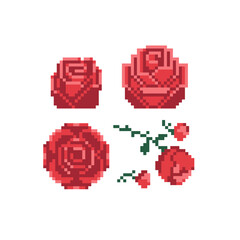 Wall Mural - Roses pixel art 80s style beautiful flowers icons set. Design for stickers, logo shop, embroidery, mobile app. Red rose icon isolated vector illustration. 8-bit.