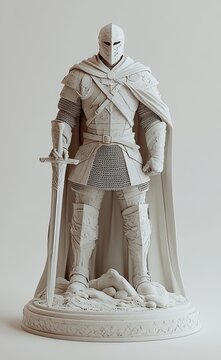 Medieval knight fully armored and wielding a sword, set against a white backdrop. 3D rendering