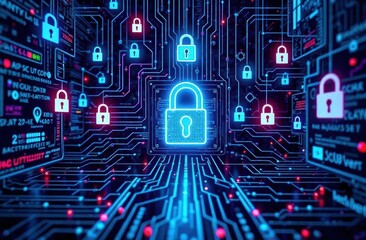 glowing blue neon lock icon on digital circuit board background, illustrating cyber security