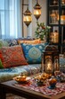 © Oleg - Vibrant couch adorned with multicolored patterns and textures, reminiscent of Moroccan interior design.