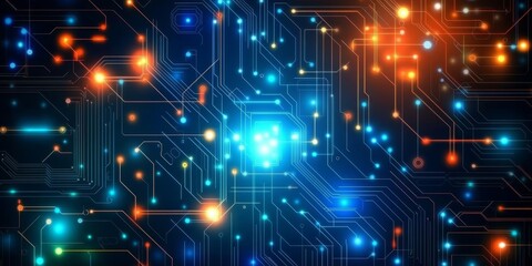 Poster - glowing and intricate circuit board pattern with a symmetrical orange and cyan swirling design.