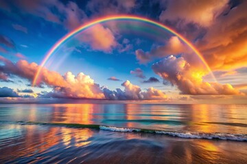 Wall Mural - Panoramic Double Rainbow Over Calm Ocean at Sunrise