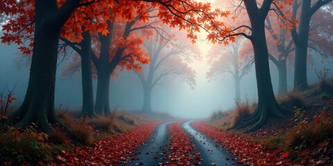 Poster - Autumnal Pathway Through a Misty Forest, Where Crimson Leaves Grace a Winding Road, Creating a Serene and Enchanting Atmosphere