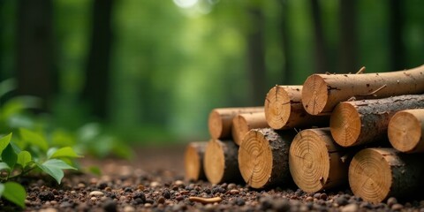 Aufkleber - A stack of freshly cut logs rests on the forest floor, surrounded by verdant undergrowth and dappled sunlight filtering through the trees.