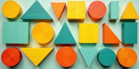 Poster - A vibrant collection of colorful geometric shapes, arranged in a visually appealing pattern, showcasing various sizes and hues of teal, orange, and yellow.