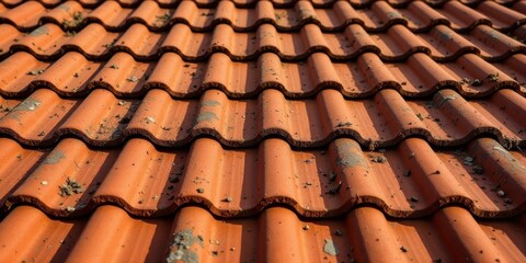 Poster - A Detailed Close-Up View of Interlocking Clay Roof Tiles with Subtle Imperfections