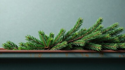 Poster - Evergreen boughs rest on a rustic metal surface against a muted green backdrop