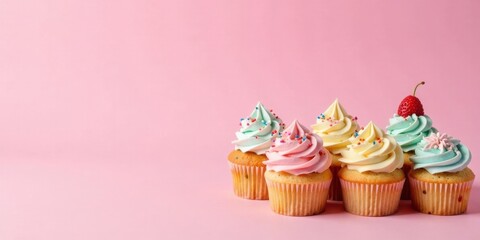 Poster - Delightful pastel cupcakes with colorful frosting and sprinkles on a pink background