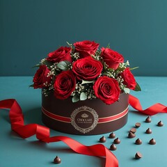 Poster - A chocolate round box and rose bouquet red on plain teal background