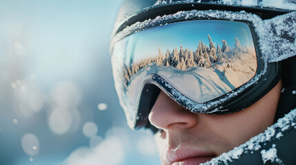 Skier wearing reflective goggles mirroring snow covered landscape, sunlight illuminating alpine trees and pristine skiing terrain during winter mountain adventure