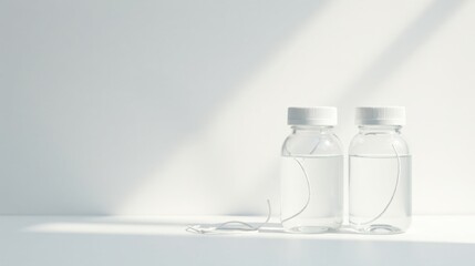 Aufkleber - Two Clear Bottles with White Caps and Thin White Strings Submerged in Liquid on a White Surface in Sunlight