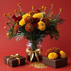 Wall Mural - A chocolate square box and marigold bouquet golden on plain brown background