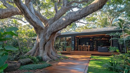 Poster - Serene Tropical House nestled under a Majestic Tree