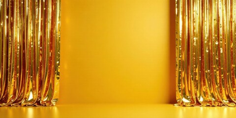 Fototapete - Golden Drapery Background  Luxurious Metallic Curtains Frame a Vibrant Yellow Wall, Creating an Elegant and Festive Setting for Display or Presentation
