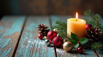Poster - A warm candle glows amidst festive ornaments and evergreen boughs, resting on a rustic wooden surface dusted with snow.