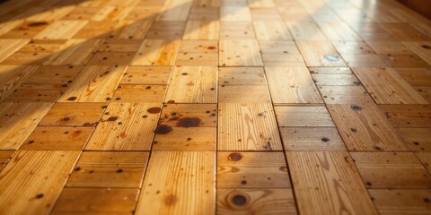 Leinwandbilder - Sunlit Wooden Parquet Floor with Subtle Imperfections, Showing Natural Wood Grain and Texture