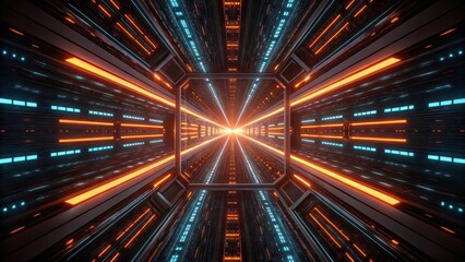 Poster - Futuristic Corridor with Orange and Blue Lights