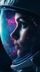 Wall Mural - woman astronaut looking through space helmet, observing colorful interstellar expanse, capturing cos