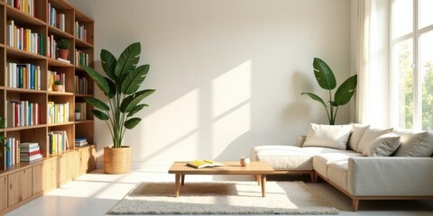 Poster - Serene Living Room Design Featuring a Wooden Bookcase, Comfortable Sectional Sofa, and Lush Potted Plants Basking in Sunlight