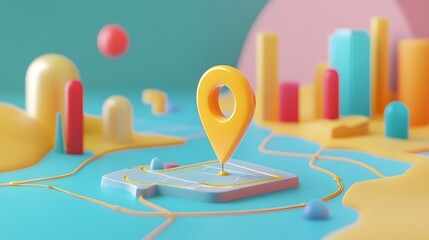 Leinwandbilder - 3D colorful digital map marker and location tracking concept visualized on abstract city skyline background  Interactive navigation wayfinding