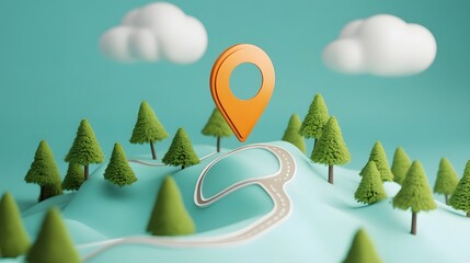 Aufkleber - 3D digital of a stylized and abstract forest landscape with green pine trees and white clouds in the sky featuring an orange GPS navigation pin or pointer icon in the center