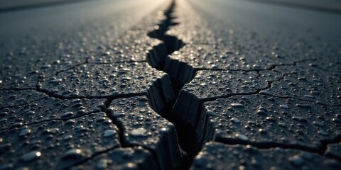 Fototapete - A Deep Crack in Dark, Wet Pavement Reveals a Textured Surface with Water Droplets