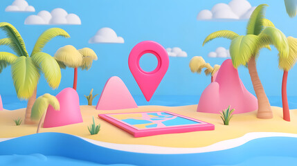 Leinwandbilder - 3D digital of a mobile navigation or map application interface featuring a tropical beach landscape with palm trees a colorful location pin and vibrant cloud and sky elements