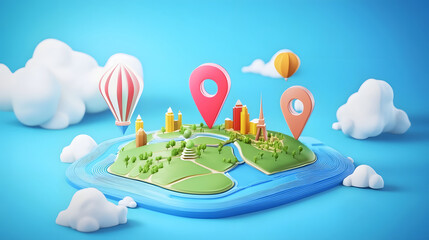 Aufkleber - 3D digital of a stylized landscape map with location pins hot air balloon and cloud elements representing journey planning concepts