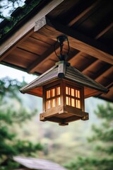 Wall Mural - Natural wood lantern lit by candlelight, under eaves with tiles and surrounded by pine trees.