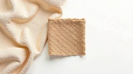 Aufkleber - A delicately textured beige textile sample rests adjacent to a softly draped cream-colored fabric, showcasing a subtle contrast in weaves and tones on a pristine white background.