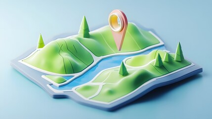 Aufkleber - 3D of a Stylized Digital Map with Navigation Symbols Mountainous Terrain Rivers and Other Landscape Elements for Adventure Planning