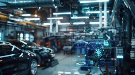 A car is shown in a factory with a computer screen displaying a car's engine