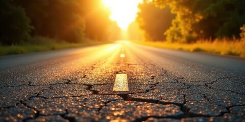 Aufkleber - Golden Hour on a Cracked Asphalt Road Leading to a Sunlit Horizon