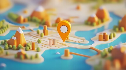 Poster - 3D overhead map with colorful pin pointer marker showing landscape destination such as city town or village in the countryside or urban environment  Concept of navigation travel transportation