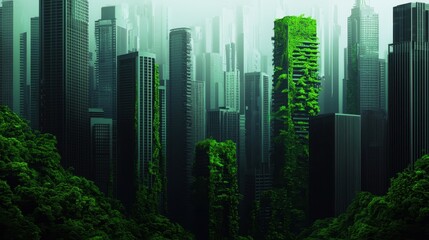 Wall Mural - Urban Jungle with Skyscrapers and Lush Greenery in Background